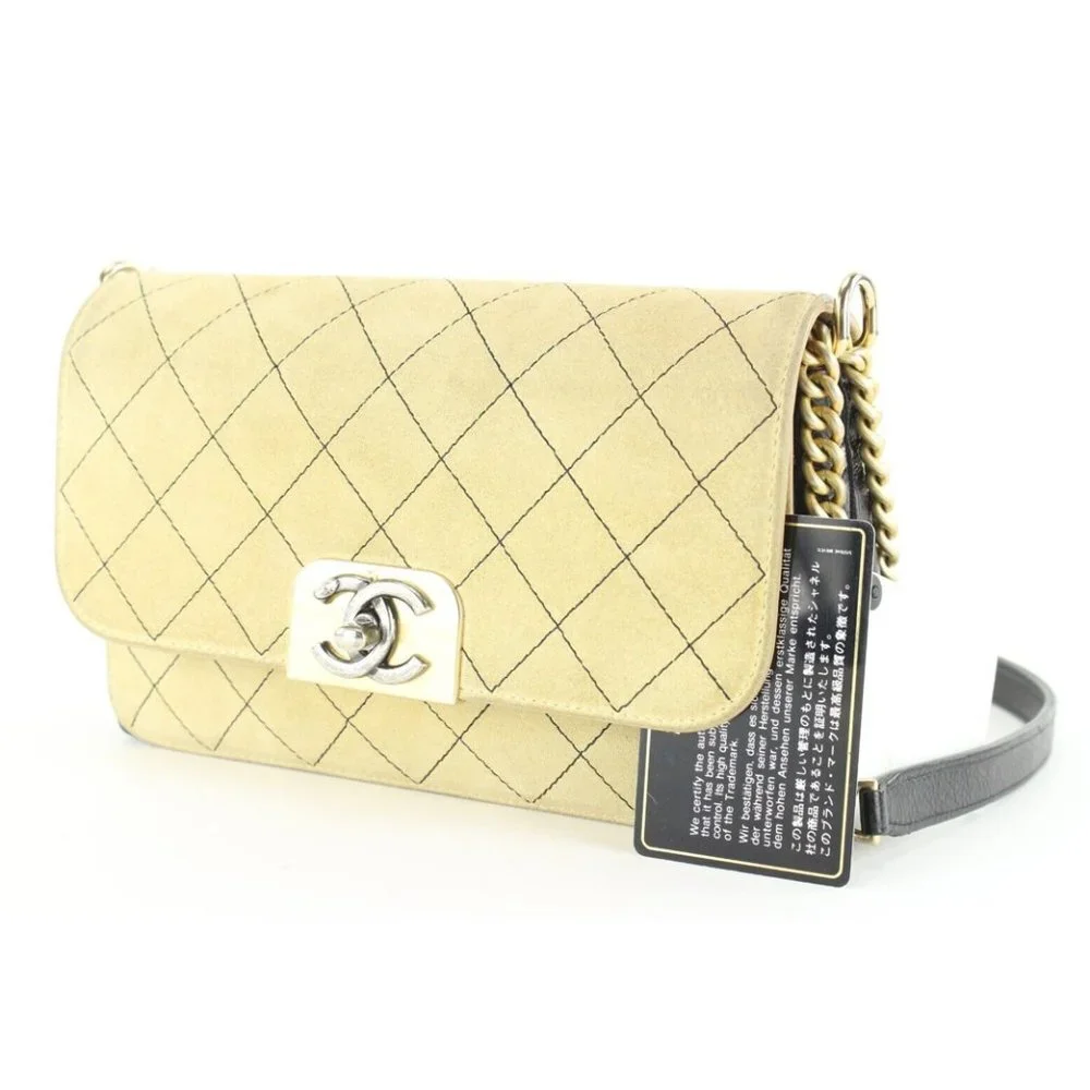Chanel Beige Quilted Suede x Black Leather Classic Flap Bag 2CC1202